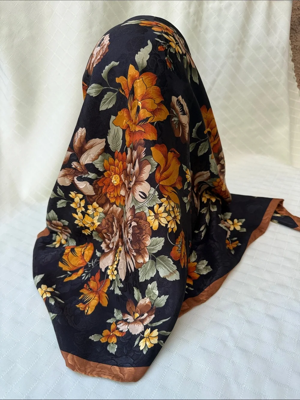 Vintage Floral Black and Orange Silk Scarf